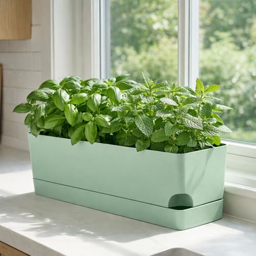 Party Zealot Window Boxes Planters, 3 Pack Self Watering Pots for Indoor Plants 17 Inch Rectangular Planter Rectangle Flower Pots Long Plant Pot Large Window Sill Herb Planter Box, Green - color: Green