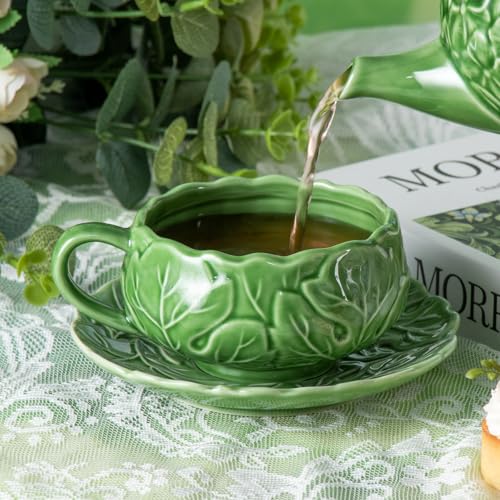 KAMMAK Tea Cups and Saucers Set of 2, 10 oz Porcelain Coffee Cups, SY008 | Stackable Espresso Mugs, Ceramic Demitasse for Coffee, Cappuccino, Latte, Americano, Tea - size: 8CZSY008
