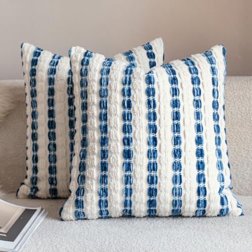 Caflife Boho Throw Pillow Covers 18x18 Inch Set of 2, Farmhouse Blue Striped Textured Chenille Decorative Couch Pillow Cases, Rustic Accent Cushion Covers for Sofa Bed Living Room Bedroom - color: Blue, size: 18" x 18" (Pack of 2)