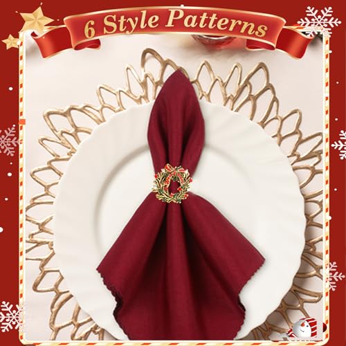 KPOSIYA 16pcs Christmas Wreath Napkin Rings Set of 8 and 8 Christmas Napkins Cloth, Napkins holdes for Dinning Table Setting Decoration, Xmas Dinner Tables Rings for Winter Party - size: 8pcs, style: Xmax Garland & Cloth