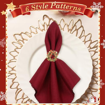 KPOSIYA 16pcs Christmas Wreath Napkin Rings Set of 8 and 8 Christmas Napkins Cloth, Napkins holdes for Dinning Table Setting Decoration, Xmas Dinner Tables Rings for Winter Party - size: 8pcs, style: Xmax Garland & Cloth