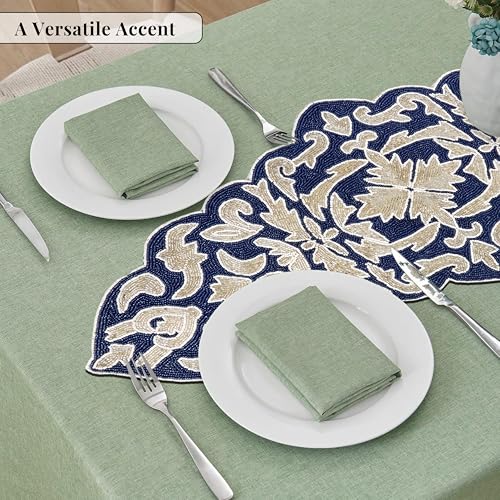 Beaded Table Runner, Blue Silver, 36x13 | Glass beads on polyester satin backing, 36x13 in, non-slip, weddings, holidays, dining & console tables - color: Navy/Silver, size: 36"x13"