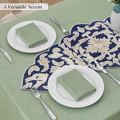 Beaded Table Runner, Blue Silver, 36x13 | Glass beads on polyester satin backing, 36x13 in, non-slip, weddings, holidays, dining & console tables - color: Navy/Silver, size: 36"x13"
