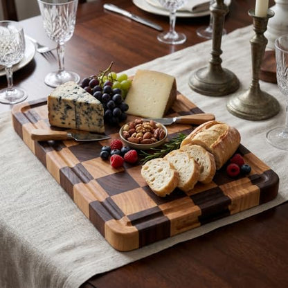Checkered Cutting Board for Kitchen, 15"x10.4"x1.2" End Grain Cutting Board, Solid Ebony and Rubberwood Butcher Block Cutting Board with Juice Groove, Reversible Wooden Charcuterie Board