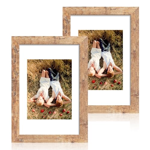 iRahmen 8x12 Picture Frame Set of 2, Rustic Brown Wood Frame with High Definition Glass, Display Pictures 6x8 with Mat or 8 x 12 without Mat for Horizontal or Vertical Tabletop and Wall Mounting - color: Rustic Brown, size: 8X12