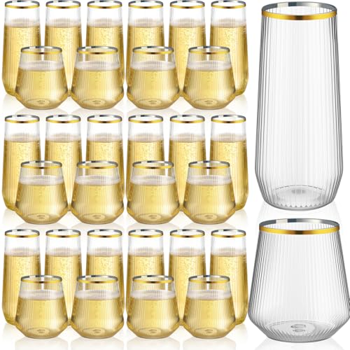 Remerry 48 Pack Stemless Plastic Wine Glasses 9 oz & 12 oz Disposable Champagne Flutes Cups Shatterproof Toasting Cocktail Glasses for Weddings, Bars, Events(Clear Ripple with Gold Rim) - style: Clear Ripple with Gold Rim
