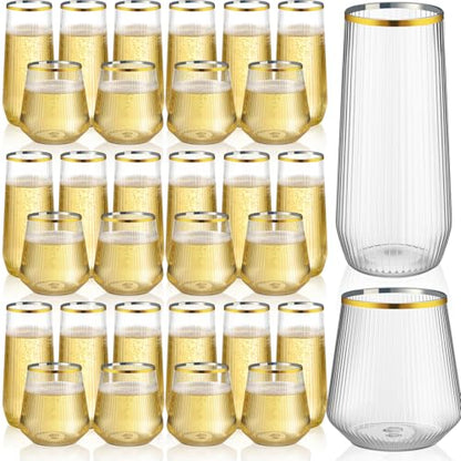 Remerry 48 Pack Stemless Plastic Wine Glasses 9 oz & 12 oz Disposable Champagne Flutes Cups Shatterproof Toasting Cocktail Glasses for Weddings, Bars, Events(Clear Ripple with Gold Rim) - style: Clear Ripple with Gold Rim