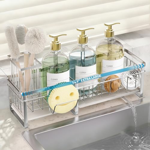 Extra Large Extendable Sponge Holder for Kitchen Sink Caddy Organizer | Rustproof Sink Caddy Organizer with High Brush Holder, Dish Soap Dispenser Organizers and Storage (Black) - color: Stainless Steel