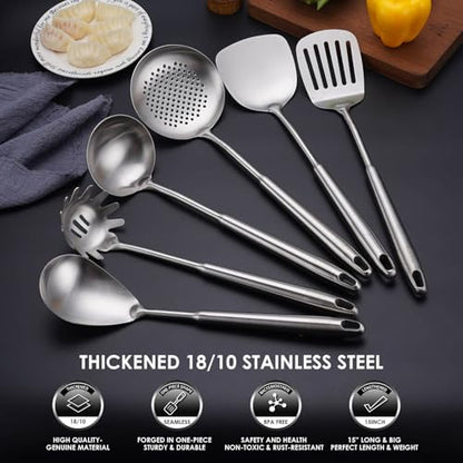 6 PCS All Metal Cooking Utensils Set - 18/10 Stainless Steel Kitchen Tools | Professional Cooking Spoons Set, 15" Spatula, Ladle, Skimmer Spoon, Pasta Serve, Large Spoon, Slotted Spatula Turner - color: 6-Pieces
