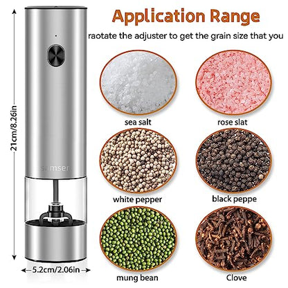 Electric Pepper Grinder & Salt Mill - Battery Operated Stainless Steel Body with Transparent Container LED Light One-Hand Operation Push-Button Switch Adjustable Coarseness Easy Refill & Clean | Side-button switch, stainless steel body, 70ml transparent c
