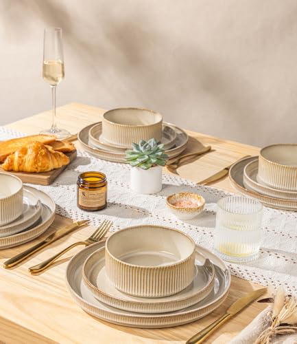 GBHOME Stoneware Dinnerware Sets for 4, 12 Pieces Plates and Bowls Set | Lightweight Ceramic Ribbed Dishes,Reactive Glaze Stackable Plate Set,Scratch Resistant,Microwave & Dishwasher Safe,Cappuccino - color: Cappuccino
