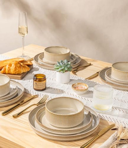GBHOME Stoneware Dinnerware Sets for 4, 12 Pieces Plates and Bowls Set | Lightweight Ceramic Ribbed Dishes,Reactive Glaze Stackable Plate Set,Scratch Resistant,Microwave & Dishwasher Safe,Cappuccino - color: Cappuccino