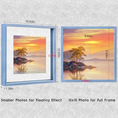 MUYE 10x10 Floating Frame Set of 2,Double Real Glass Square Photo Frame,Display Any Size Photo up to 10x10,Wall Mount or Tabletop Standing,Blue - color: Blue, size: 10x10