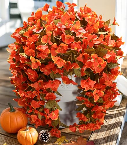 Bougainvillea Artificial Flowers Plants for Outdoors Outside Fall Autumn Decor, 2 pcs Faux Silk Long Trailing Vines UV Resistant Look Real Orange Fake Flowers for Front Door Porch Planter Urn Patio - color: Fall Orange