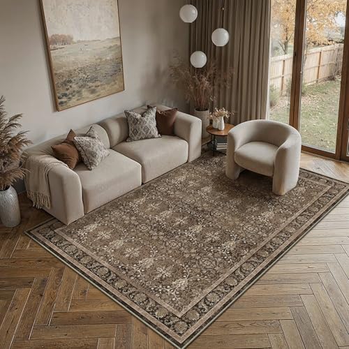 Brown 5x7 Washable Area Rugs for Living Room | Living Room Rug,Vintage Rug,Bedroom,Dining Room,Office,Farmhouse,Non-Shedding,Non Slip,Low Pile,Soft - color: Brown, size: 5' x 7' (Rectangular)