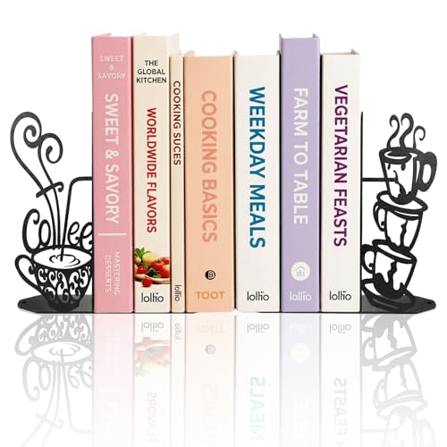 ENCIMART Creative Coffee Book Ends for Shelves Metal Bookends Decorative | Unique Bookends Cute Kitchen Book Stopper for Shelves Home Office Desk Reading Decor Bookshelf Decor for Book Lovers Gift - color: Black Coffee
