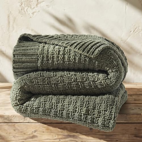 EVERGRACEHOME Chunky Chenille Knit Throw Blanket, Dried Thyme Green, 60x80 | Basketweave Chenille Knit, OEKO-TEX Certified, Lightweight Warmth, Modern Farmhouse, Decorative Throw for Couch, Bed & Sofa - color: Dried Thyme Green, size: 60" x 80"