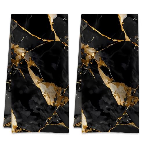 Gold Black Marble Hand Towels Set of 2,Waffle Weave Soft Absorbent Kitchen Dish Towels,Decorative Bathroom Towel for Hotel Bath Gym Yoga 16"x24" - color: Gold Black Marble
