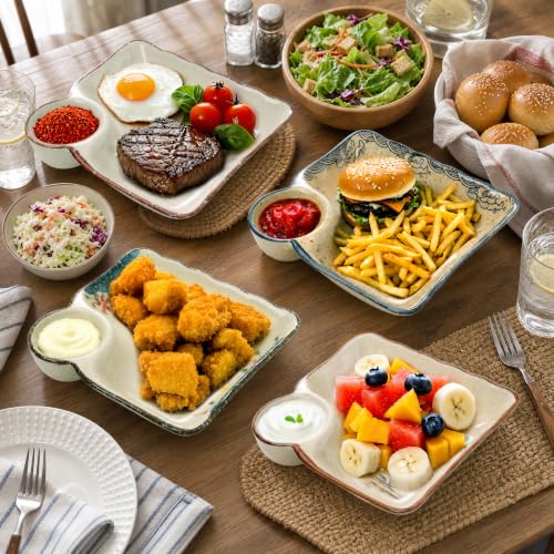 4 Pack Ceramic Dumpling Plate with Dipping Saucer, 7.3 Inch Japanese Sushi Platter, Chip and Dip Plate, Divided Snack Serving Dish for Appetizer, Charcuterie, Dessert, Salad, Entertainment