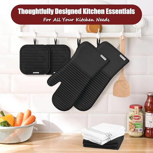 Oven Mitts and Pot Holder Sets with Silicone Grip, 500°F Heat Resistant-6 Pack Dishcloth/Dish Towels for Kitchen 100% Cotton-Value Kitchen Essentials for Cooking, Baking, Grilling-Black - color: Black