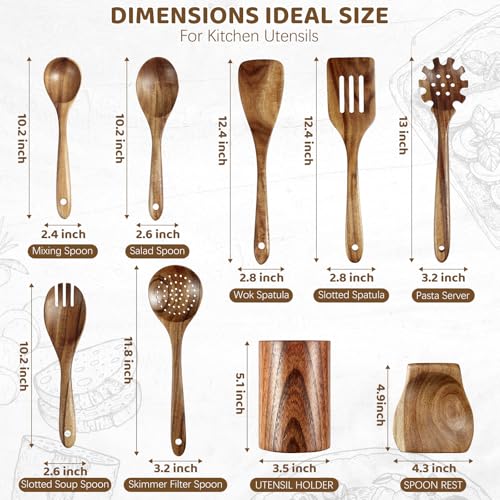 Wooden Kitchen Utensil Set,10 Piece Natural Teak with Spoon Rest & Hooks | Wooden Cooking Utensils with Comfort Grip, Smooth Durable Heat Resistant Cooking Spoons and Utensils Holder for Cooking