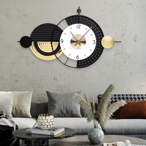 20.8X34.2 inch Modern Abstract Metal Decorative Wall Clock | black gold layered geometric design, silent non-ticking, battery operated, large clock for bedroom dining office foyer - color: F-black Gold-34.2x20.8inch