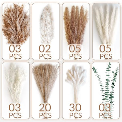 Dried Flower Bouquet - Pampas Grass, Bunny Tails, Olive Green Eucalyptus & Preserved Flowers - Boho Chic Home Decor, Rustic Wedding Centerpiece, Farmhouse Style Arrangement (Vase Not Included)