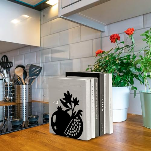5.3"x4.3"x5.9" Metal Bookends, Heavy Duty Book Ends for Shelves | Pomegranate Theme Cast Iron Book Supports, 1 Pair Decor Stoppers for Desk, Library, Office & Home Shelves - style: Pomegranate