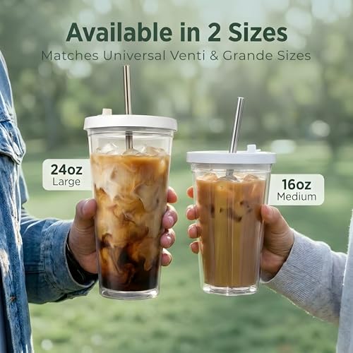 Reusable Iced Coffee Cup with Lid and Straw, 24 oz/Venti, BPA-Free Double-Wall Insulated Plastic Tumbler for Cold Drinks, Includes Clear Plastic Straw, Stainless Steel Straw and Cleaning Brush, White - color: White, size: 24 Ounces