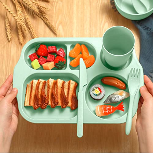 Honoson 24 Pcs Wheat Straw Dinnerware Cutlery Set, Service for 4, Unbreakable Plates and Bowls Set - Divided Plates, Bowls, Spoons, Forks & Knives, Microwave & Dishwasher Safe(Green) - color: Green