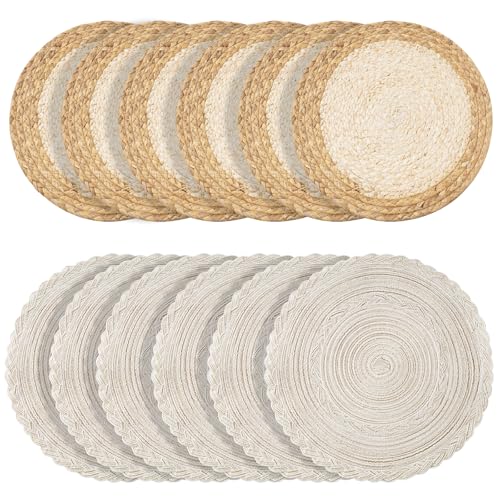 Handmade Round Boho Placemats Set of 6 | Natural Woven & Polyester Braided Combo Table Mats | 12-Piece Versatile Place Mats | Simple Rustic Farmhouse Style Dining Table Decor - color: Ivory Bordered
