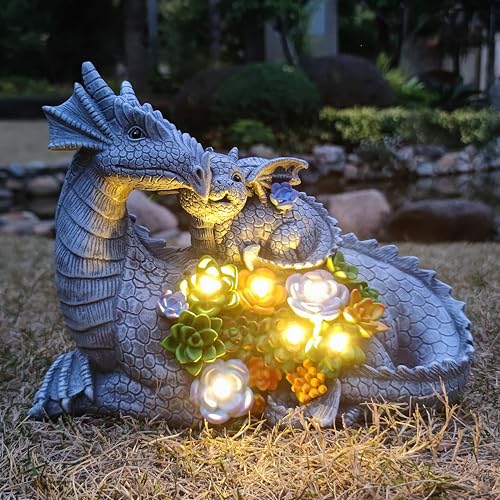 Solar Dragon Garden Statues Outdoor Decor, Resin Dragon Figurine with Succulent and 6 LED Lights Lawn Patio Balcony Art Decoration,Housewarming Birthday Gifts for Grandma Mom Women - color: Gray（dragon Succulent）