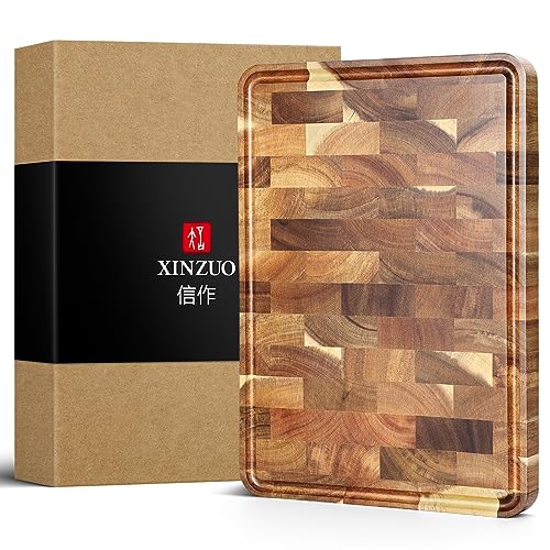 XINZUO Acacia Wood End Grain Cutting Board (13.8''L x 9.8''W x 1''T)-Wooden Chopping Board with Non-Slip Feet, Side Handles and Juice Groove - size: 13.8"L x 9.8"W