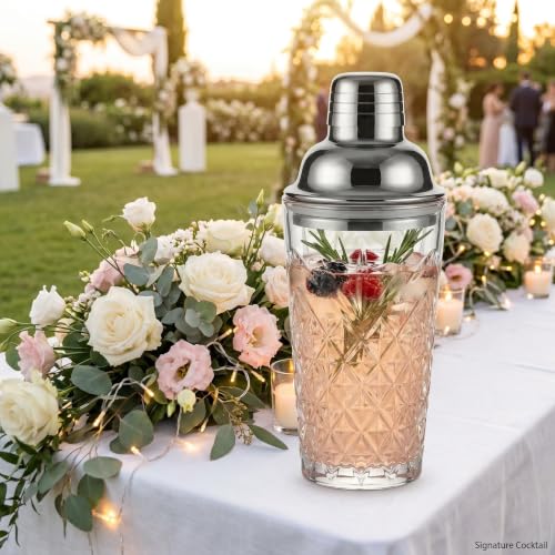 Elegant Glass Cocktail Shaker Set - Herringbone Design, 15oz Capacity, Leakproof Stainless Steel Top - Perfect for Bartending Enthusiasts - color: Herringbone Mixer