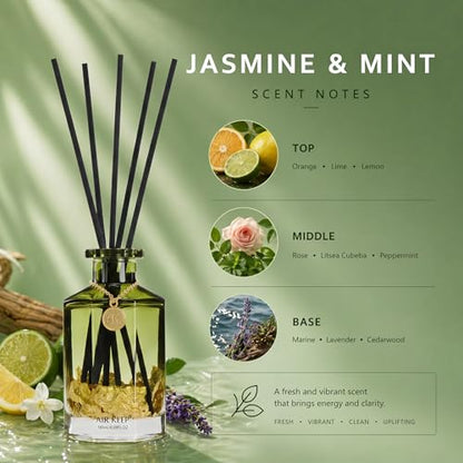 Reed Diffuser Set,Jasmine Mint Luxury Scented Diffuser with Sticks Long Lasting Home Fragrance for Bathroom Shelf Decor 6.09 fl oz (180ml)