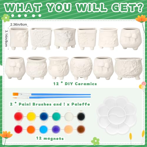 Hushee 12 Sets Ceramic Succulent Planters Paintable Succulent Plant Pots Small DIY Figurines Unpainted Pots with Drainage Hole Color Paints Paintbrushes Palettes - color: Flower