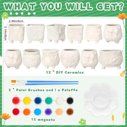 Hushee 12 Sets Ceramic Succulent Planters Paintable Succulent Plant Pots Small DIY Figurines Unpainted Pots with Drainage Hole Color Paints Paintbrushes Palettes - color: Flower