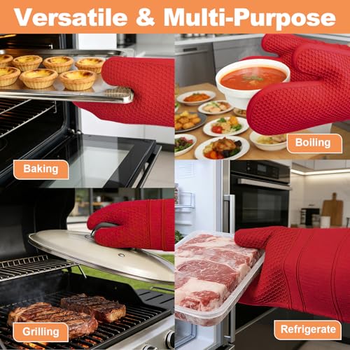 YUTAT Silicone Oven Mitts,Heat Resistant 2PCS Oven Mitts with Soft Polyester Filling,Kitchen Potholder Set - Perfect for BBQ, Baking and Cooking,RED,2 Pcs Set - color: Red-honeycomb Surface, size: 13“L x 7"W-2 Piece