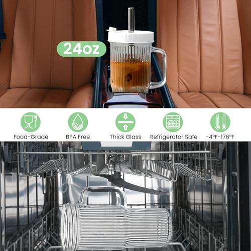 24oz Ribbed Glass Tumbler With Handle,4Pack Glass Cup with Lids and Straws,Reusable Glass Iced Coffee Cups With lids,Mason Jar Cup&Drinking Glasses for Smoothie,Shake,Juice,Soda Water,Tea,Travel