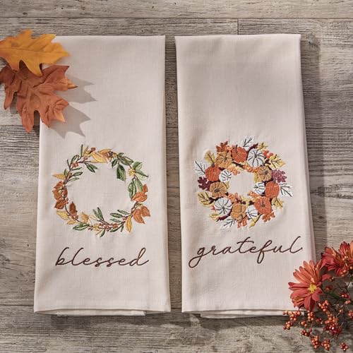 Park Designs Pumpkin Wreath Dishtowel Set of 2 | 18" x 28" | Cotton | Embroidered Leaf Wreath | Thanksgiving Decor - color: Pumpkin Wreath Embroidered Dishtowel Set of 2