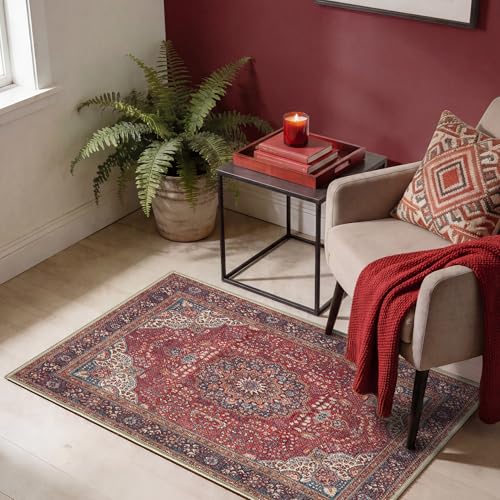 Keen Home Design 2x3 Rug - Machine Washable Entry Rug with Non-Slip Backing, Ideal for Enteryway, Kitchen, Bathroom, Laundry Room - Vintage, Easy Clean, Durable, Low Pile Rug - (2' x 3') - color: Red/Dark Beige, size: 2' x 3' (Rectangular)
