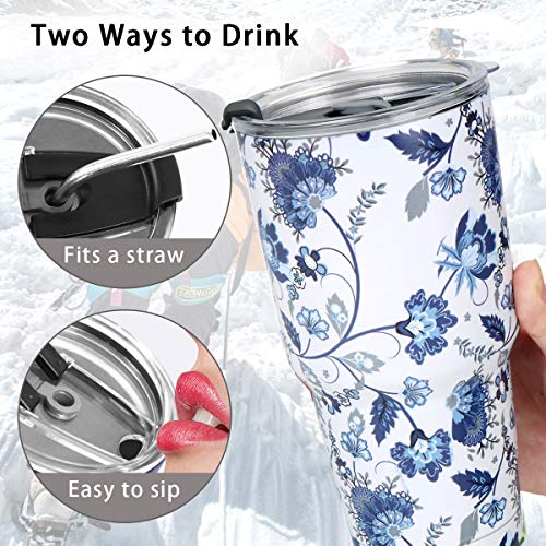 SYACOT 30oz Tumbler Double Wall Stainless Steel Vacuum Insulated Travel Mug with Splash-Proof Lid Metal Straw and Brush - color: Blue and White Porcelain-30oz