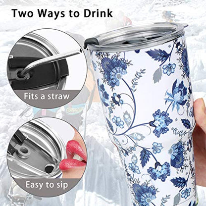 SYACOT 30oz Tumbler Double Wall Stainless Steel Vacuum Insulated Travel Mug with Splash-Proof Lid Metal Straw and Brush - color: Blue and White Porcelain-30oz