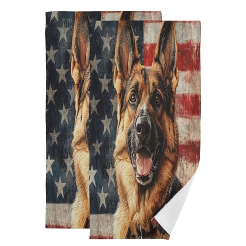 ALAZA Hand Towels for Bathroom Set of 2, German Shepherd American Flag Independence 4th of July Ultra Soft and Absorbent Fingertip Towels & Face Cloths, 28 x 14 inch - color: Multicolor10