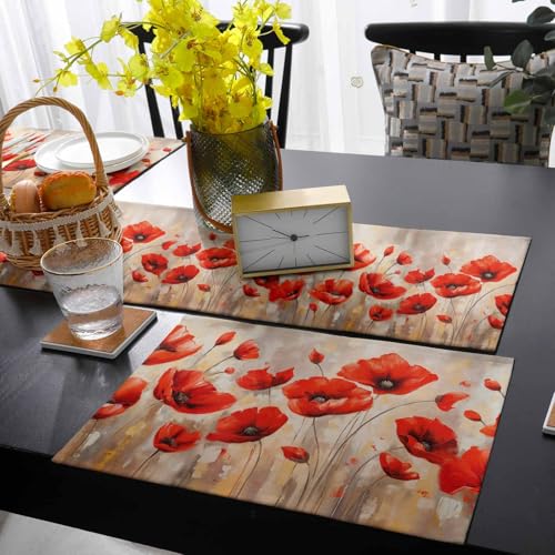 Table Runner and Placemats Set of 4 Red Flower Floral Decorative Dining Table Runner with Matching Placemats Branch Leaves Plant Nature Table Decor for Kitchen Dining Room and Everyday Use 13x70in - size: 13"x70"+4pcs