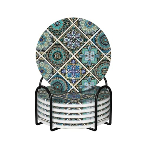 Teal/Turquoise/Aqua Mexican Tile 6 Pcs Ceramic Coaster Set with Holder/Cork Moroccan Boho Mandala Mosaic Tile Absorbent Round Cup Drink Coasters Set for Modern Coffee Table Bar Wine Beer Protect - color: Blue Green Mexican Bohemian Tile, size: Round