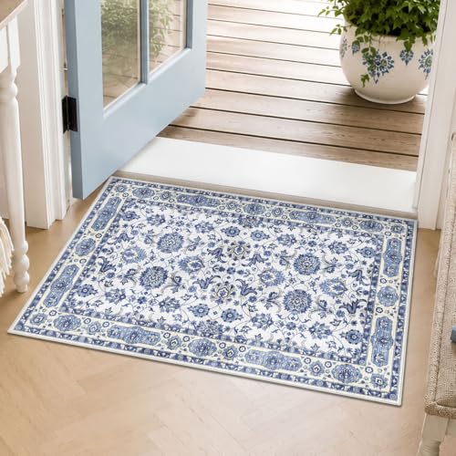 BLISSA Washable 2x3 Entryway Rug Delft Blue Non-Slip Boho Indoor Door Mat | Ultra-Thin Vintage Oriental Floral Distressed Floor Carpet Soft Entrance Throw Rugs for Bedroom Bathroom Kitchen Home Decor - color: Delft Blue, size: 2' x 3' (Rectangular)