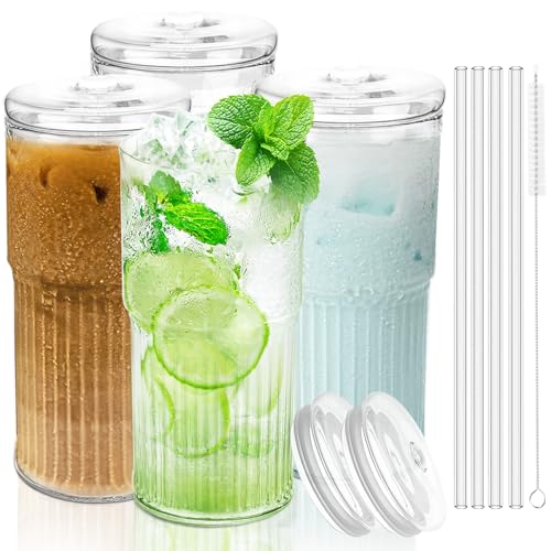 Luiaiog Glass Cups with Lids and Glass Straws, High Borosilicate 20OZ Tumblers (4Pcs) for Coffee, Tea, Juice, Smoothies, Hot/Cold Drinks at Home, Office - color: Borosilicate Clear 4pcs 20oz