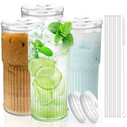 Luiaiog Glass Cups with Lids and Glass Straws, High Borosilicate 20OZ Tumblers (4Pcs) for Coffee, Tea, Juice, Smoothies, Hot/Cold Drinks at Home, Office - color: Borosilicate Clear 4pcs 20oz