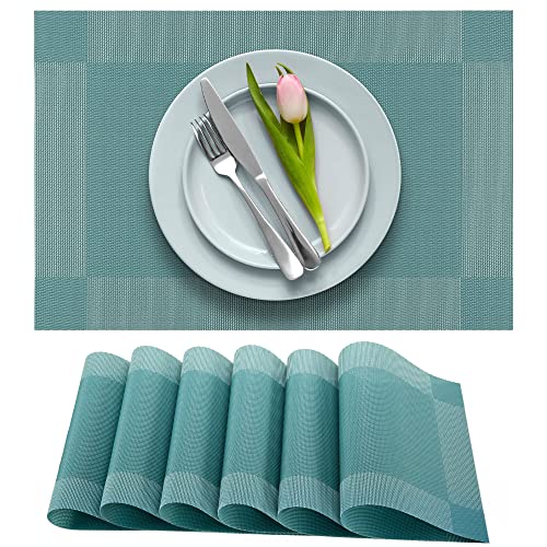 More Décor Dining Table Placemats, Washable Heat-Resistant PVC Vinyl Table Mats for Dining Room and Kitchen, Anti-Slip - Set of 6 -Sky Blue - color: Sky Blue